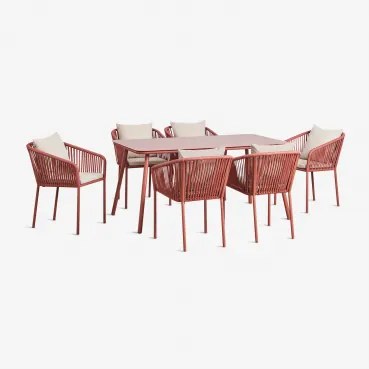 Conjunto De Mesa Retangular 160x90 Cm E 6 Cadeiras De Jardim Em Corda Trançada Arhiza Classic Terracota - Sklum