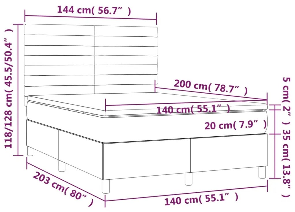 Cama box spring c/ colchão e LED 140x200 cm tecido cor creme