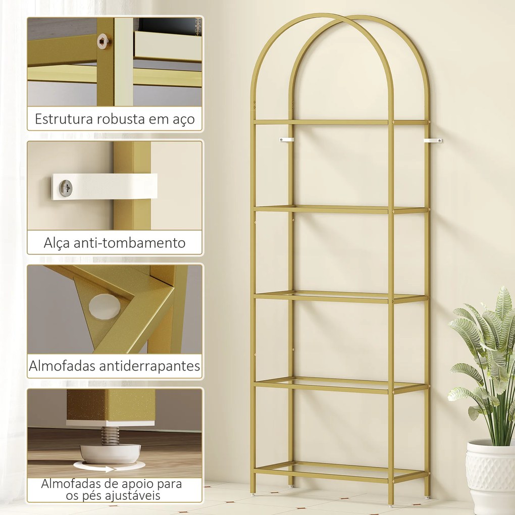 Estante de Vidro de 5 Níveis Estante de Arrumação Estrutura Arqueada Estante Estreita 60x30x175 cm Dourado