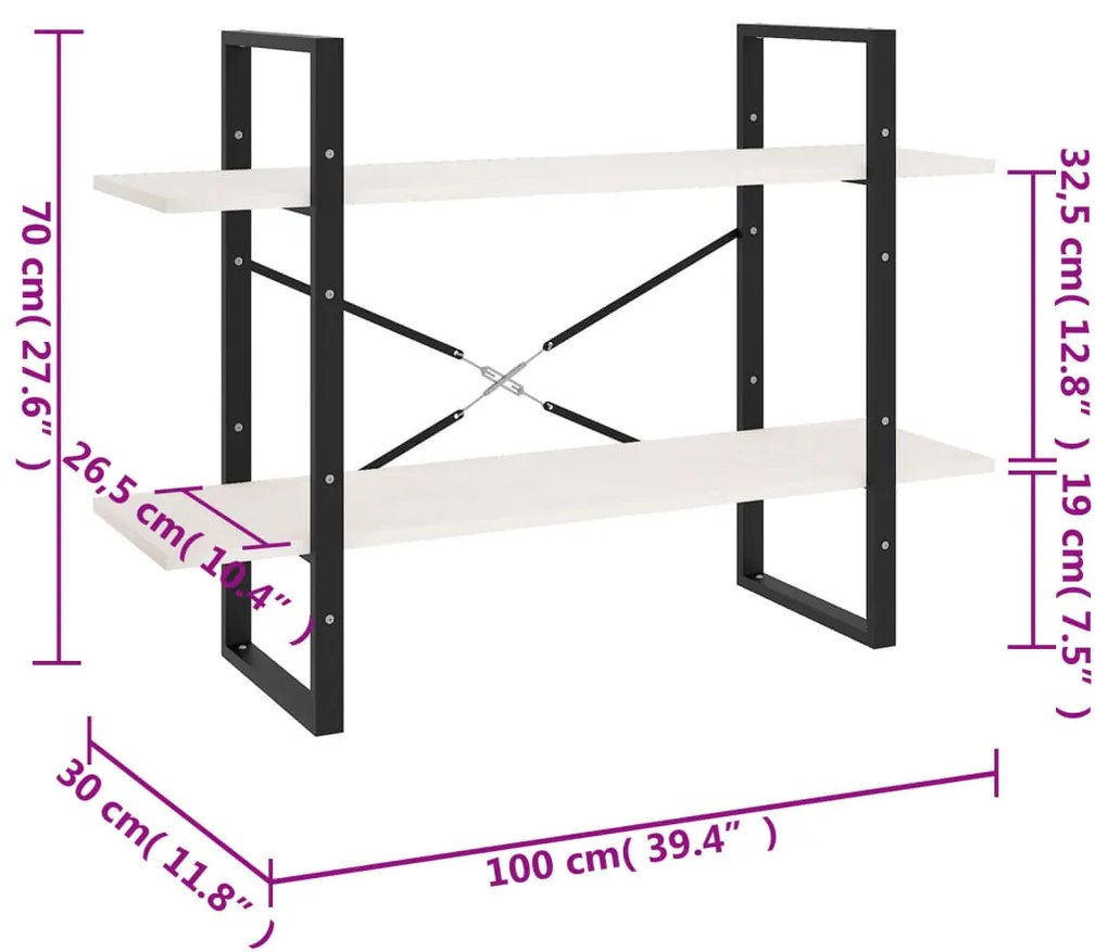 Estante com 2 prateleiras 100x30x70 cm pinho maciço branco