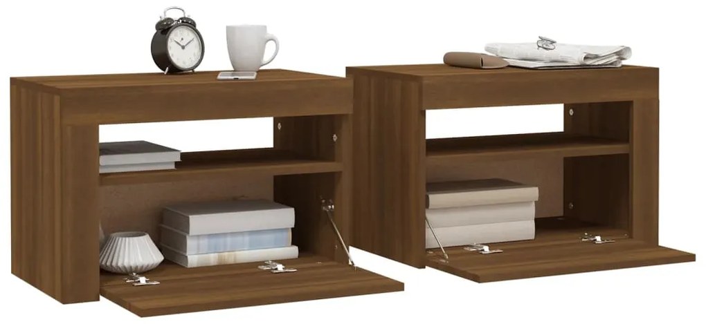 Mesas cabeceira c/ LEDs 2 pcs 60x35x40 cm carvalho castanho