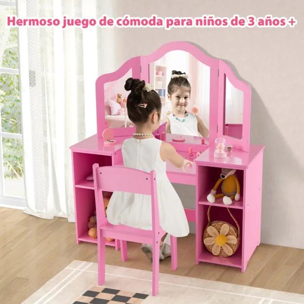 Toucador infantil com cadeira e espelho triplo removível, 4 compartimentos de arrumação Rosa