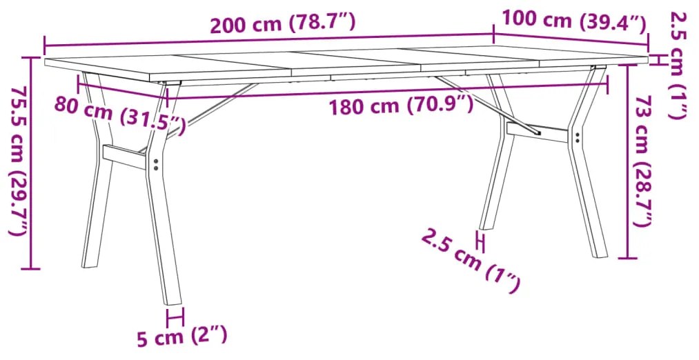 Mesa de jantar estrutura X 200x100x75,5 cm pinho/ferro fundido