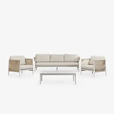 Conjunto De Sala De Estar Com Sofá De 3 Lugares, Mesa De Centro Retangular 120x70 Cm E 2 Poltronas De Alumínio Sereilen Bouclé Cores Naturais - Sklum