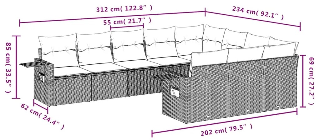 10 pcs conj. sofás jardim com almofadões vime PE cinzento-claro