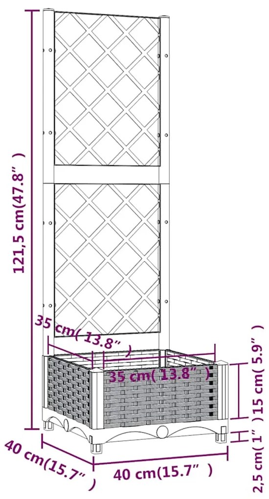 Vaso/floreira jardim c/ treliça 40x40x121,5 cm PP cinzento azul