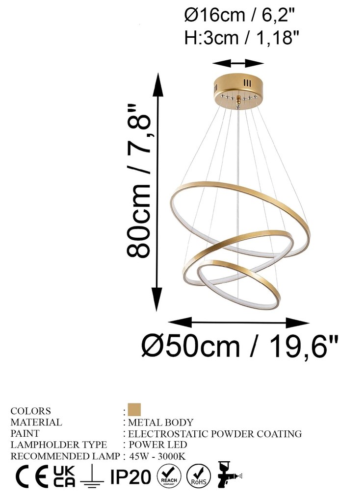 Candeeiro de Teto LED "Simit" Regulável – Dourado – 50x50x80 cm – Desi