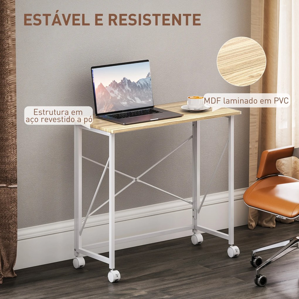 Secretária Dobrável com Rodas Mesa de Secretária Compacta Portátil para Espaços Pequenos 80x40x75 cm Madeira e Branco