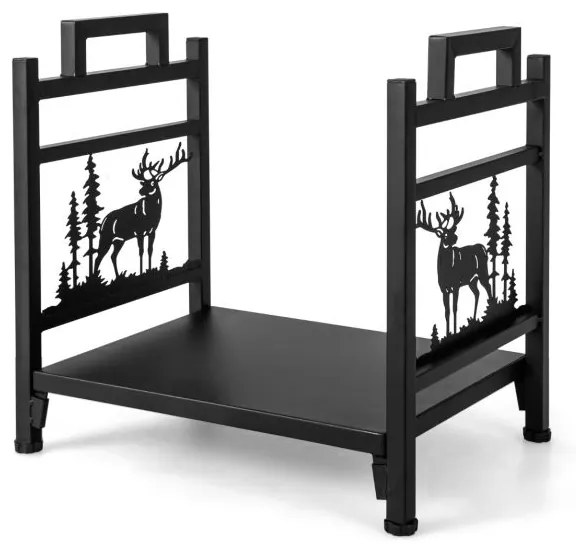 Suporte para lenha de metal com 2 pegas Base sólida Padrões de alces e árvores para interiores e exteriores 46 x 34 x 45 cm Preto