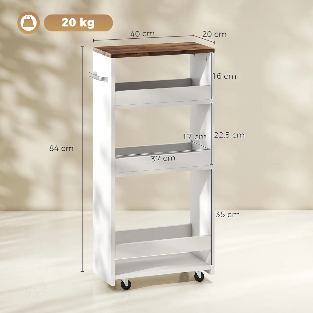 Carrinho de Cozinha Estreito de 3 Níveis com Rodas para Espaços Reduzidos, Sala de Jantar ou Sala, Branco