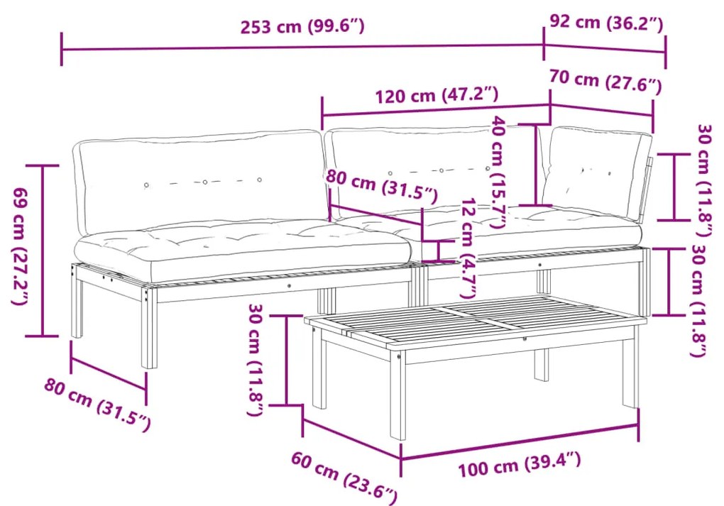 3 pcs móveis de paletes p/ jardim c/ almofadões acácia maciça