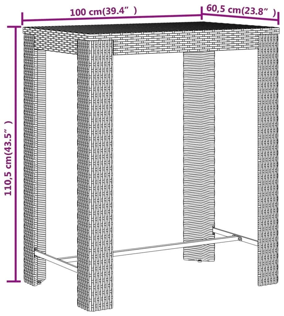 5 pcs conjunto de bar p/ jardim vime PE/acácia maciça cinzento