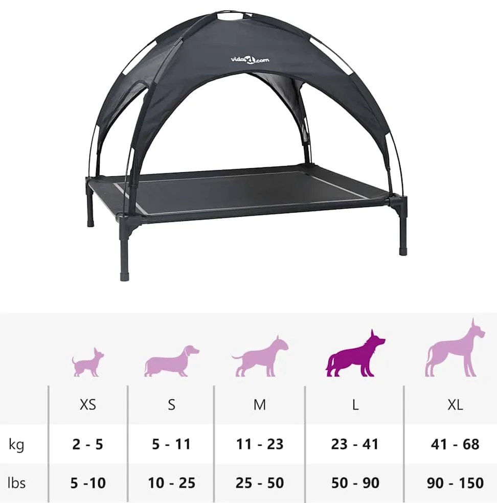 Cama Elevada para Cão com Teto Removível Preto Aço