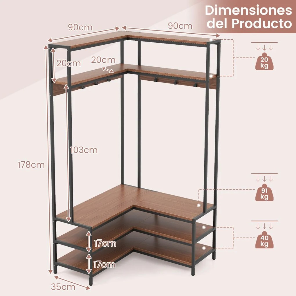 Guarda roupa aberto, móvel entrada de canto com prateleiras abertas e ganchos Banco para sapatos Estrutura metálica sólida 90 x 90 x 178 cm Cor Noguei