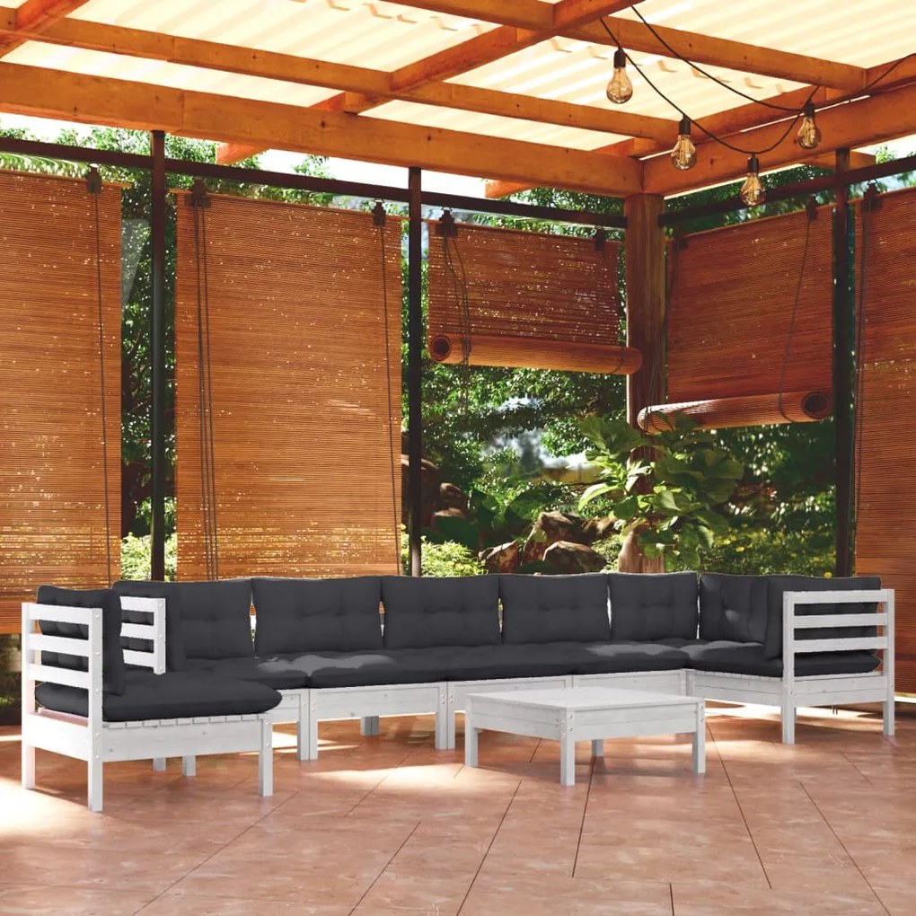 9 pcs conj. lounge de jardim c/ almofadões pinho maciço branco