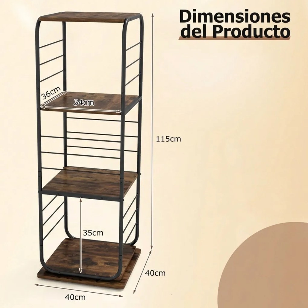 Estante giratória de 4 níveis Torre 360° com estrutura metálica 40 x 40 x 115 cm economiza espaço de canto para escritório, casa, sala, Preto+Castanho