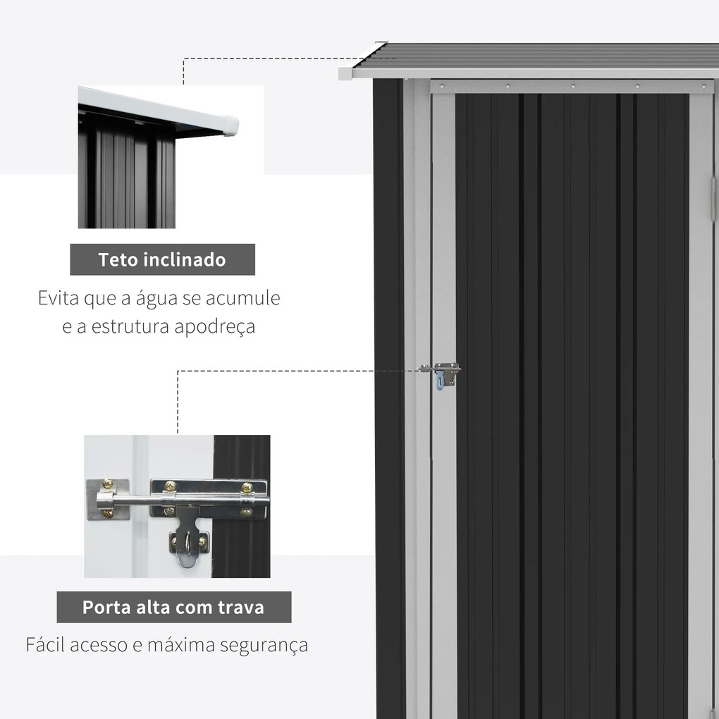 Outsunny Abrigo de Jardim 1,07m² 142x84x189cm Abrigo de Jardim de Aço Galvanizado com Porta Fechadura e Orifícios de Drenagem para Armazenamento de Ferramentas Cinza