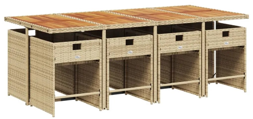 9 pcs conjunto de jantar p/ jardim com almofadões vime PE bege