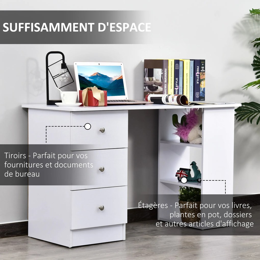 Secretária multimédia com várias opções de arrumação: 3 gavetas e 2 prateleiras, 120 x 49 x 72 cm, branca
