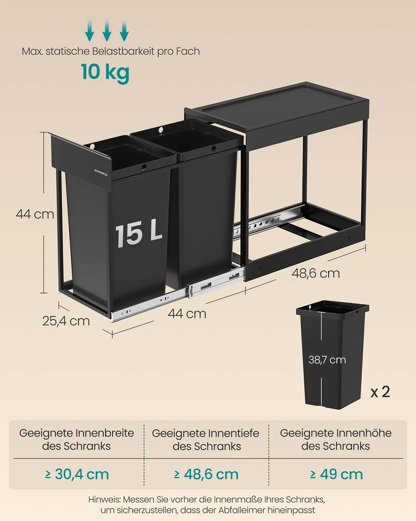 Caixote do lixo com dois compartimentos e sistema de separação de resíduos extraível 48,6 x 25,4 x 44 cm Preto