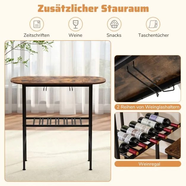 Conjunto de mesa de bar com 2 bancos com suportes para copos de vinho e garrafas, estilo vintage Castanho rústico + Preto