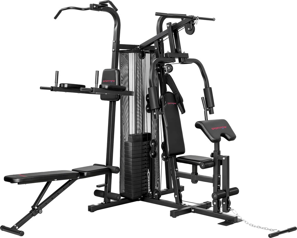 SPORTNOW Estação de treino multifuncional, máquina de fitness para casa com mais de 10 exercícios, pesos, banco ajustável, Preto | Aosom Portugal