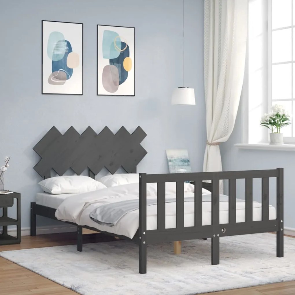 Estrutura de cama de casal c/ cabeceira madeira maciça cinzento