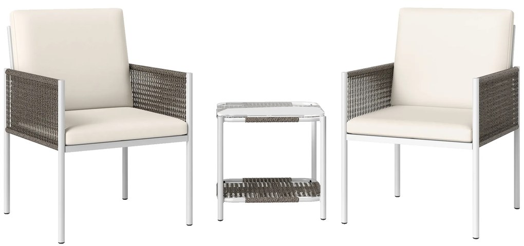 Outsunny Conjunto de Jardim de 3 Peças com 2 Cadeiras e Mesa de Vime com Almofadas e Bancada de Vidro Marrom Acinzentado e Creme | Aosom Portugal