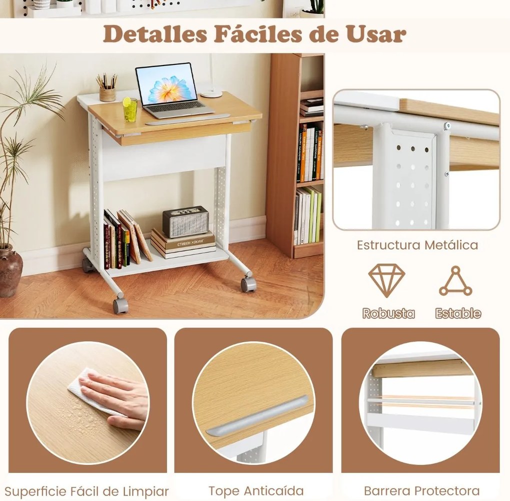 Secretária portátil 60 x 50 x 75-96 cm com rodas e mesa inclinável em 6 posições Compartimento oculto Prateleiras Painéis perfurados em forma de C Nat