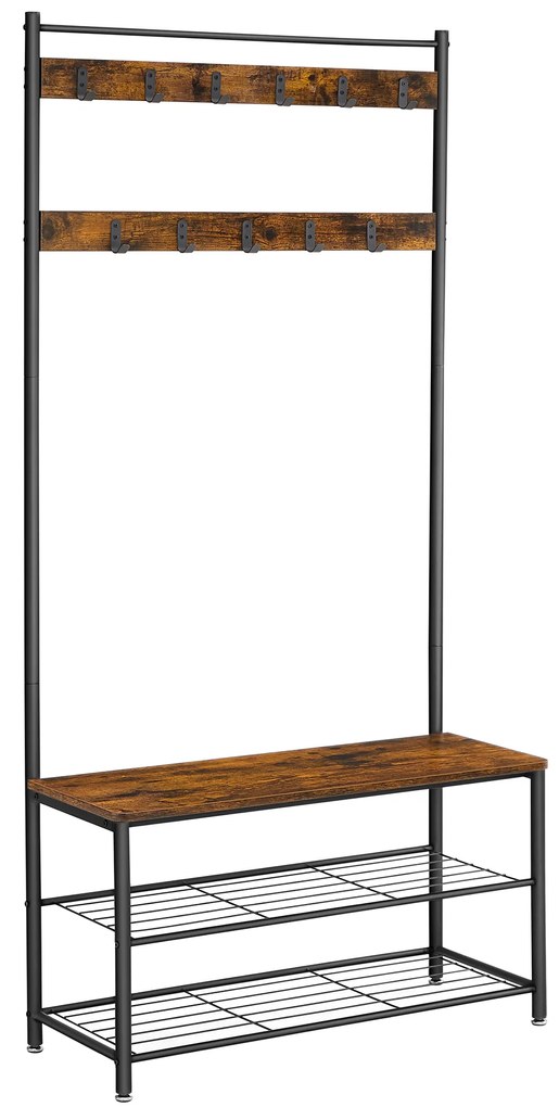Cabideiro VASAGLE, cabideiro com banco para sapatos, cabideiro com sapateira, design 3 em 1, estrutura de aço, para corredor, entrada, 32 x 85 x 175 cm, industrial, marrom rústico e preto HSR401B01