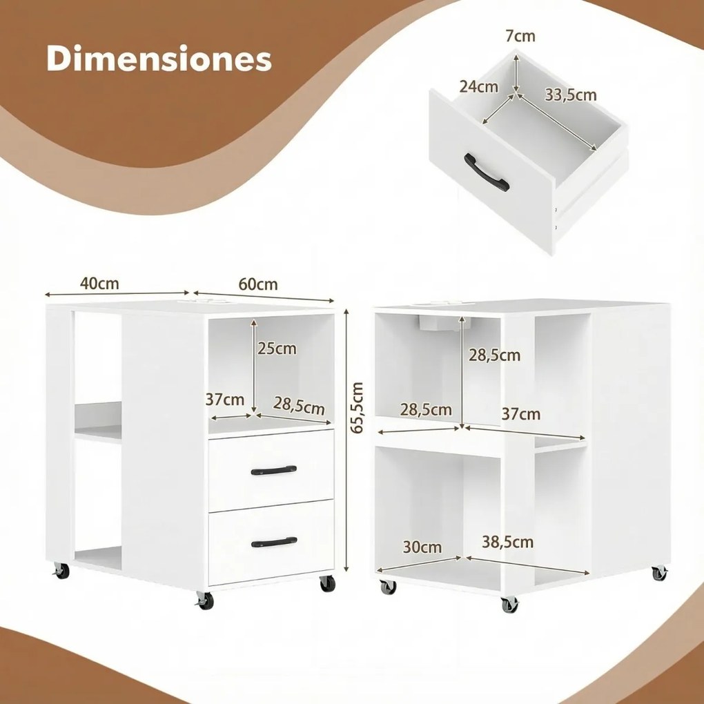 Conjunto de 2 mesas de cabeceira, mesa apoio 60 x 40 x 65,5 cm com rodas e estação de carregamento integrada Branco