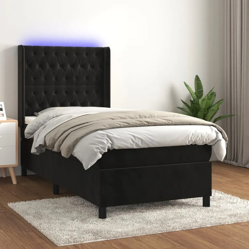 Cama box spring c/ colchão/LED 100x200 cm veludo preto