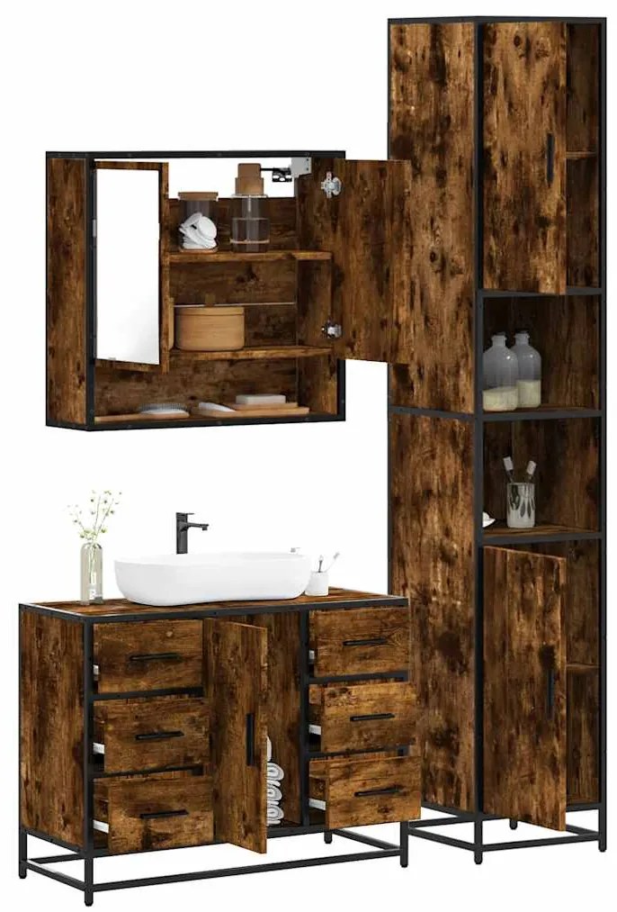 vidaXL 3 pcs conjunto de móveis WC madeira processada carvalho fumado