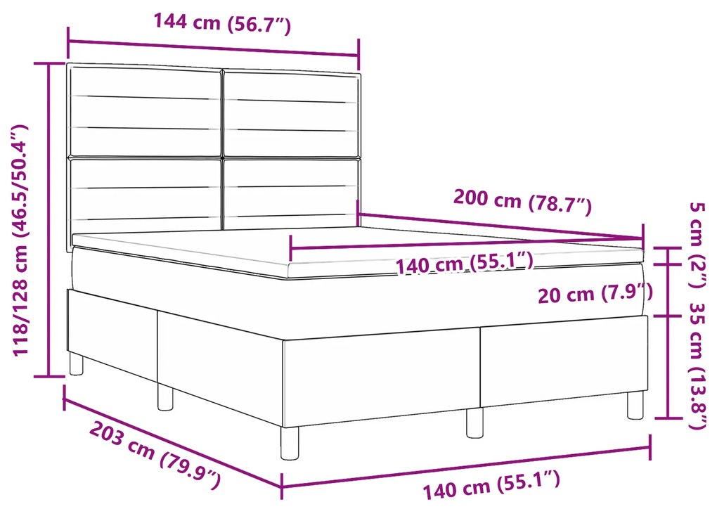 Cama Box Spring com Colchão Cinza Claro 140x200 cm Tecido