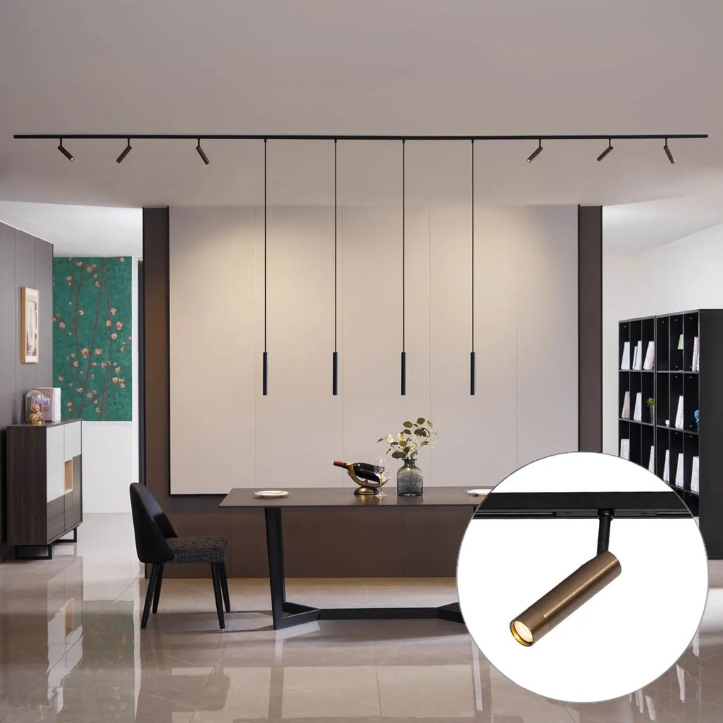 Sistema de iluminação de trilho moderno com 6 focos e 4 pendentes bronze escuro monofásico - Slimline Uzzy Keno