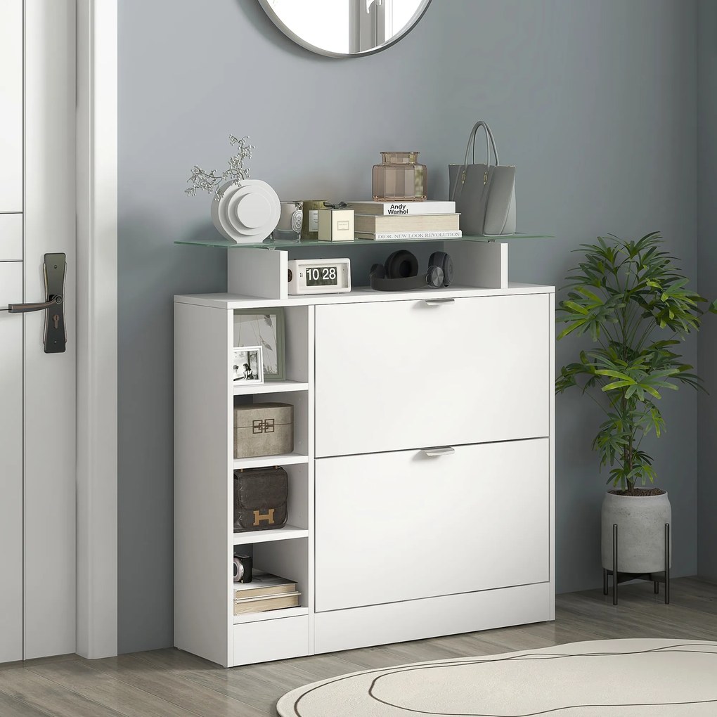 Sapateira com Gavetas Basculantes, Prateleiras Ajustáveis e Prateleiras Abertas para 12 Pares de Sapatos 89x25x92 cm Branco