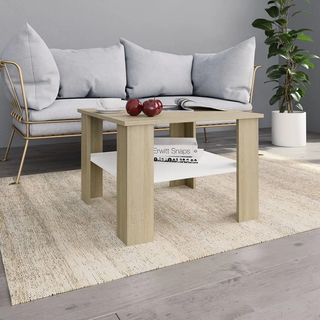 vidaXL Mesa centro 60x60x42 cm contraplacado branco e carvalho sonoma