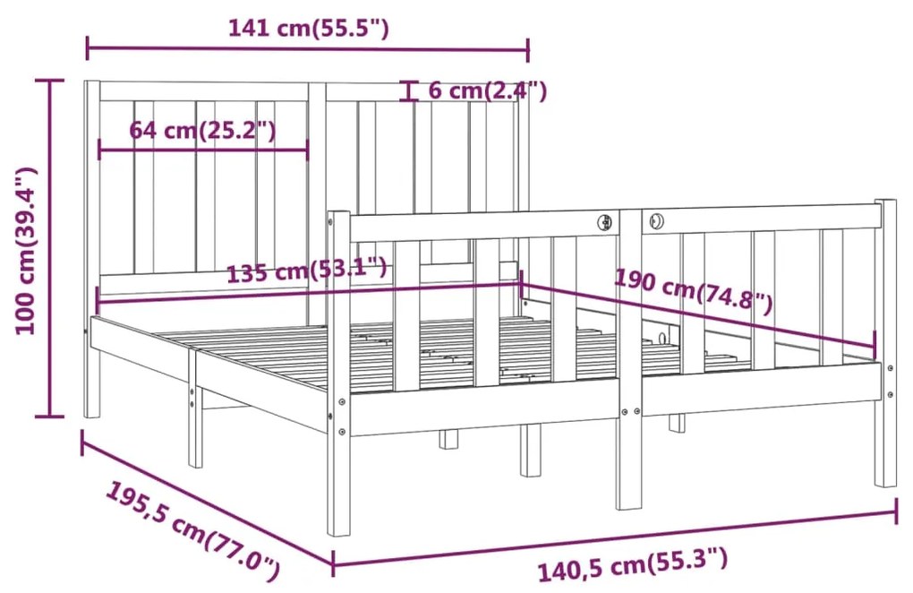 Estrutura de cama dupla 135x190 cm madeira maciça preto