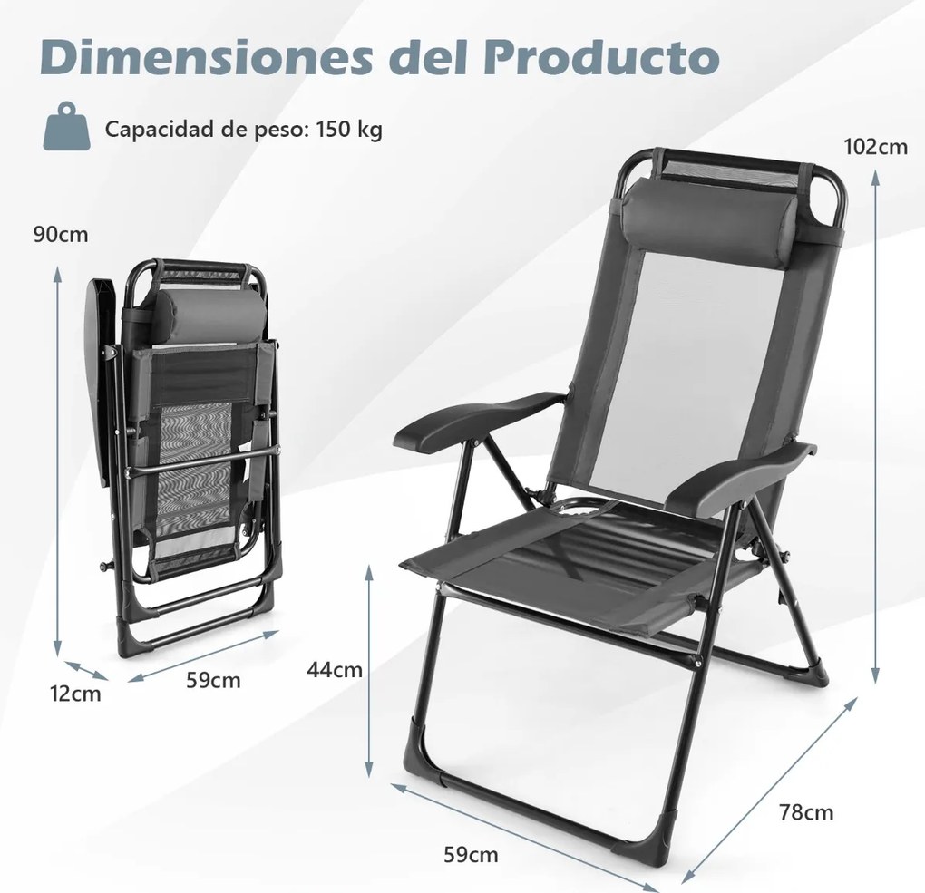Conjunto de 2 cadeiras de jardim dobráveis para pátio com braços largos, encosto de 7 níveis, assento respirável e estrutura metálica cinzenta