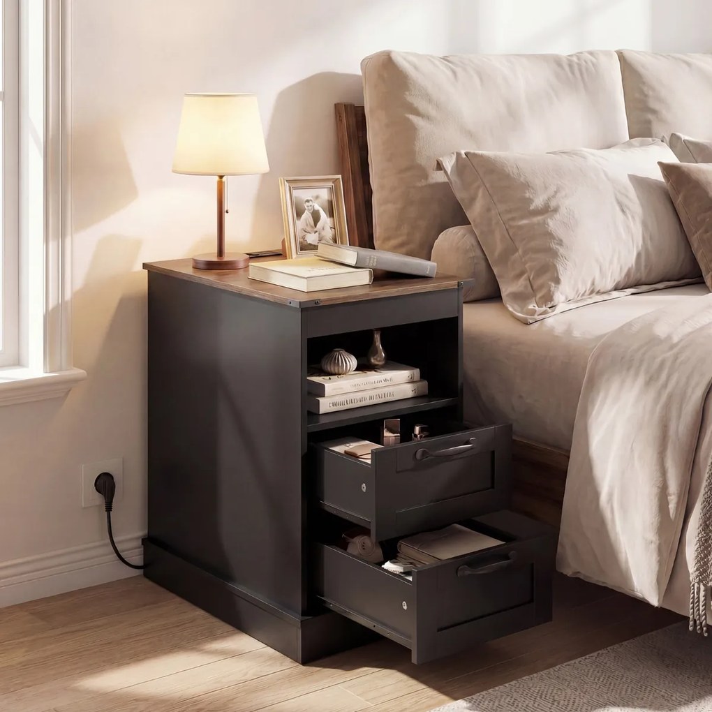 Conjunto de 2 mesas de cabeceira, mesas apoio rústicas com estação de carregamento e 2 gavetas Pretas e castanhas