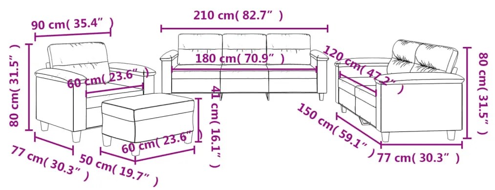 4 pcs conj. sofás c/ almofadões tecido microfibra cinza-claro