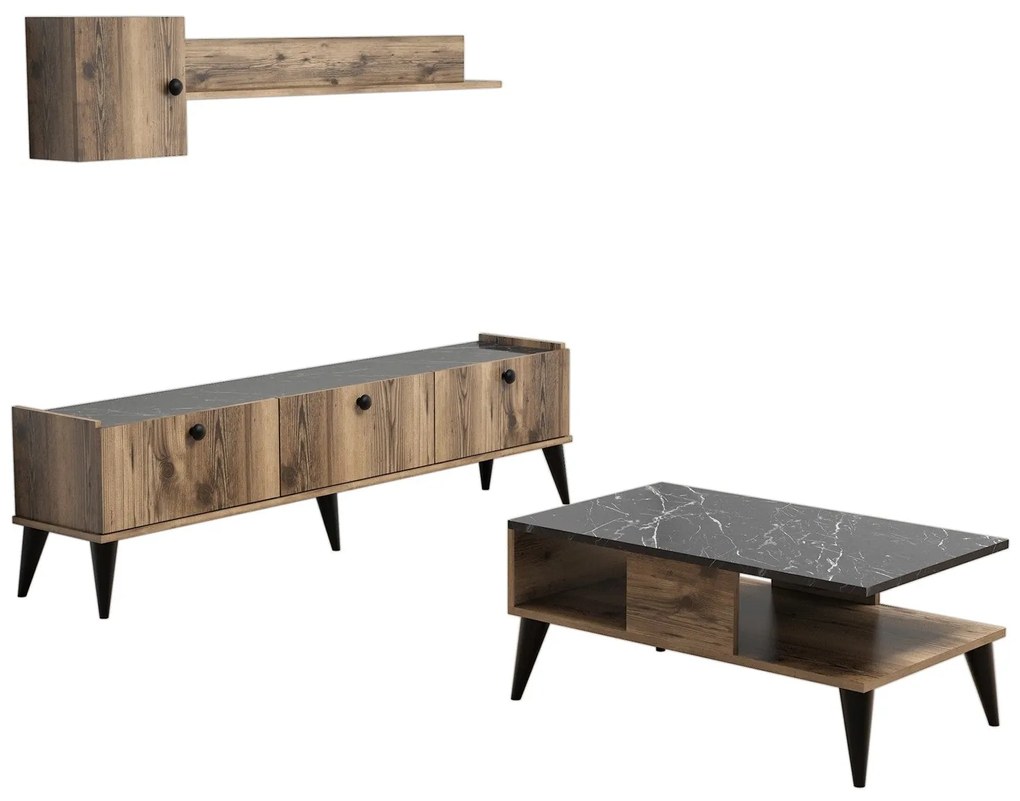 Conjunto de Mobiliário de Sala de Estar Lidya – Nogueira e Mármore – T