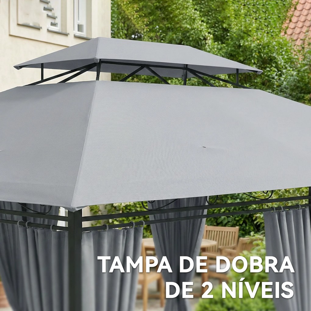 Pérgola para Jardim 3x4 m Pérgola de Exterior com Telhado Duplo 6 Paredes Laterais Estrutura Metálica  Cinzento Escuro