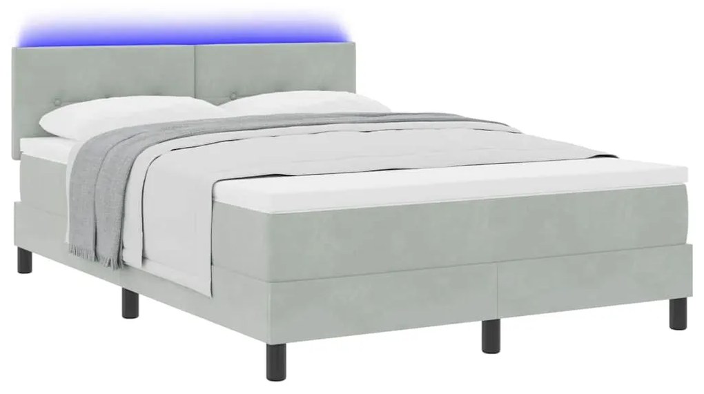 Cama Box com Colchão &amp; Luz LED Cinza Claro 140x200 cm Veludo