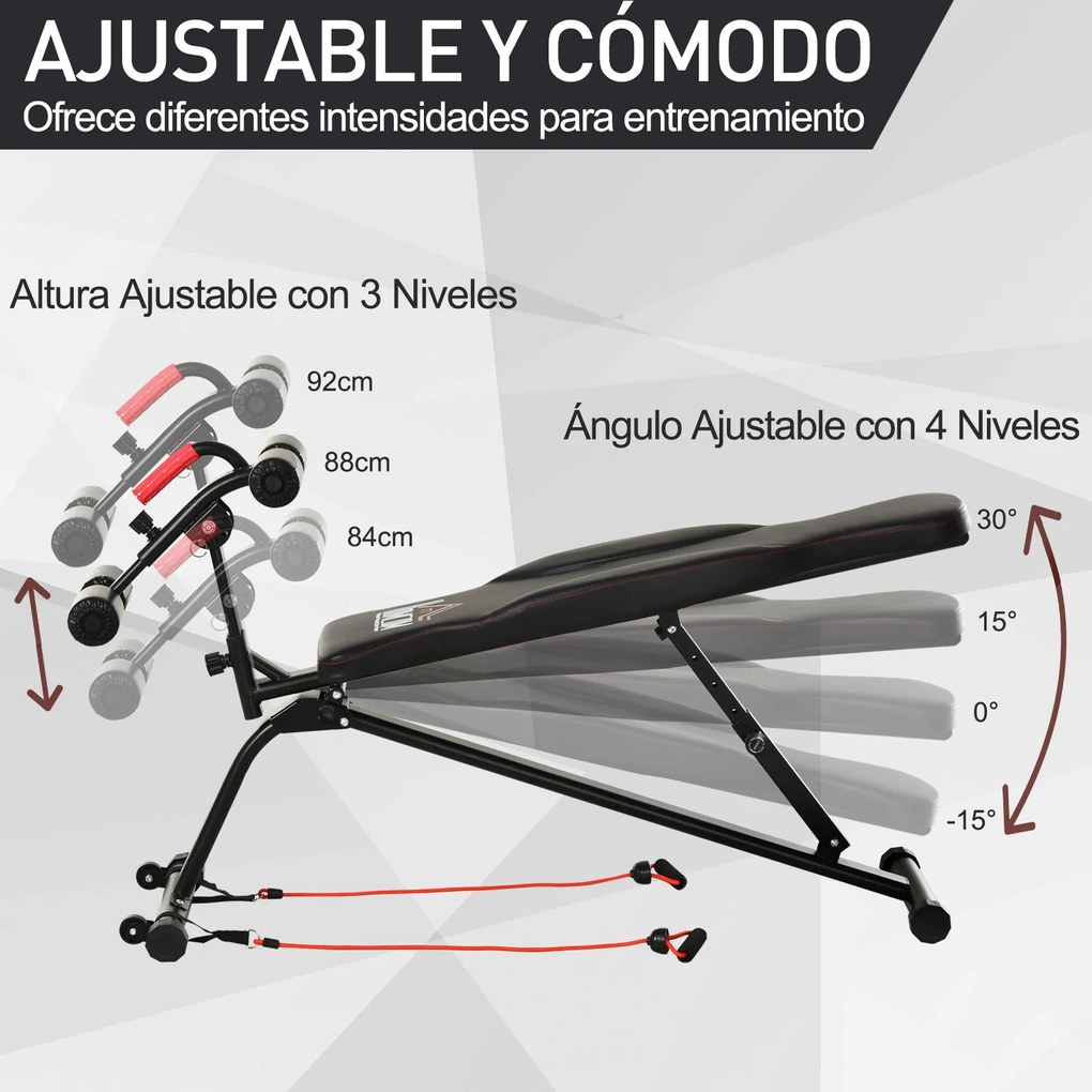 HOMCOM Banco de Abdominais Dobrável com Altura Ajustável 4 Ângulos Suporte para Pernas Ergonómico Multifuncional Banco de Exercícios 44,5x143x84-92 cm Preto
