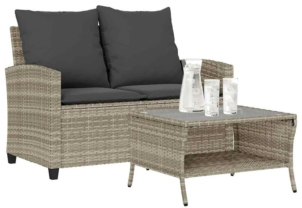 vidaXL Sofá jardim c/ mesa e almofadões 2 lugares vime PE cinza claro