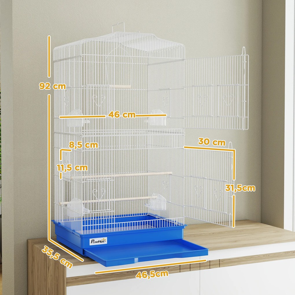Gaiola para Pássaros Gaiola Metálica com 4 Tigelas de Comida 3 Poleiros Baloiço e Bandeja Removível Pega 46,5x35,5x92 cm Azul