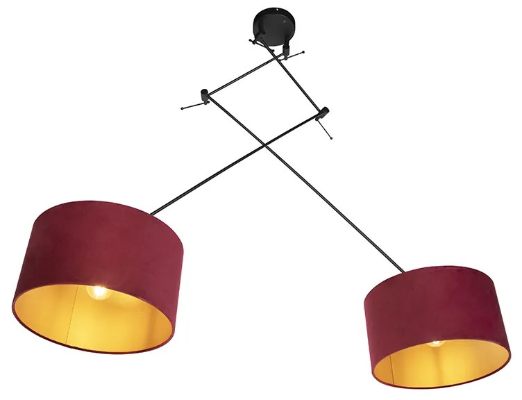 Candeeiro de suspensão preto com abajures de veludo vermelho e dourado 35 cm 2 luzes - Blitz Clássico / Antigo