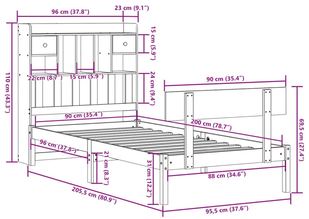 Cama com estante sem colchão 90x200 cm pinho maciço branco