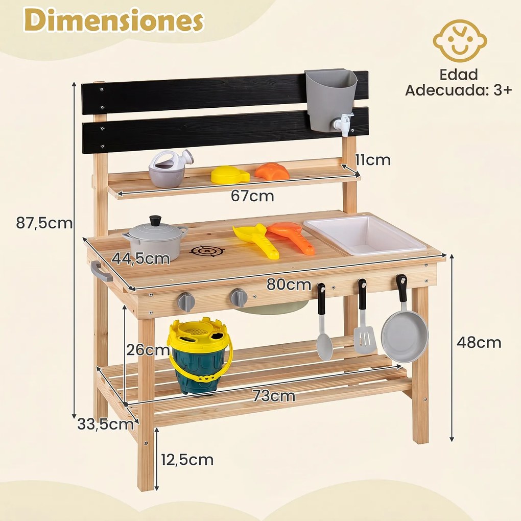 Cozinha de Brincar para Exterior, 80 x 44,5 x 87,5 cm, Tampo Deslizante, Natural